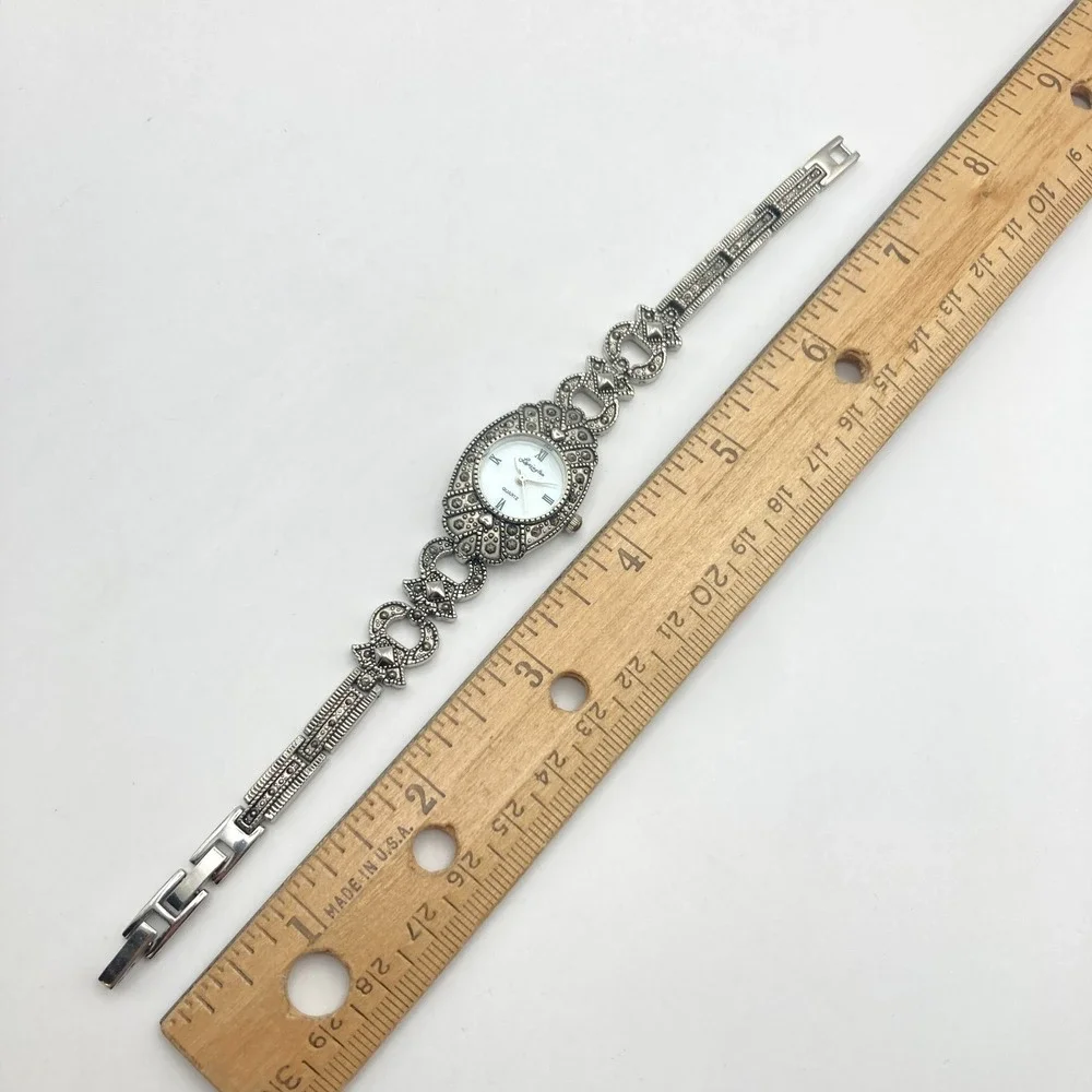 Lexington Women's Marcasite Watch 21mm Silver Tone MOP Dial New Battery 6.75